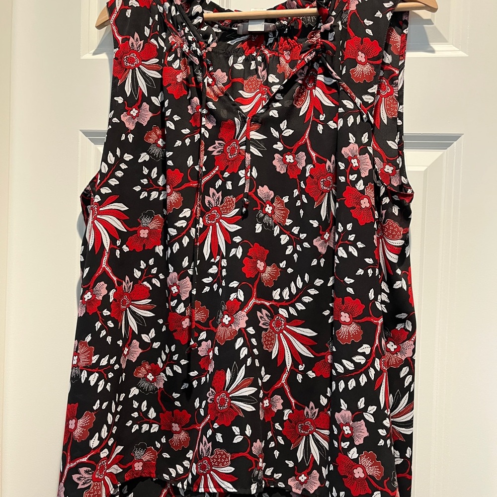LOFT Black Floral Tie-Neck Sleeveless Camisole - Red & White